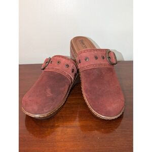 Born Womens Burgundy Suede Leather Clogs Mules Buckle Wedge Shoes Size 9